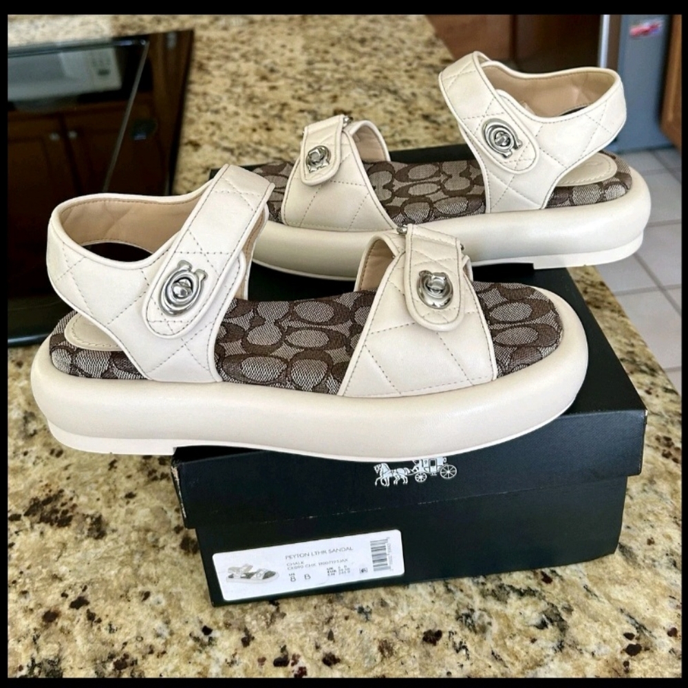 Coach Peyton Double Buckle Flatform sandals Chalk Leather SZ 8 B - Picture 11 of 12